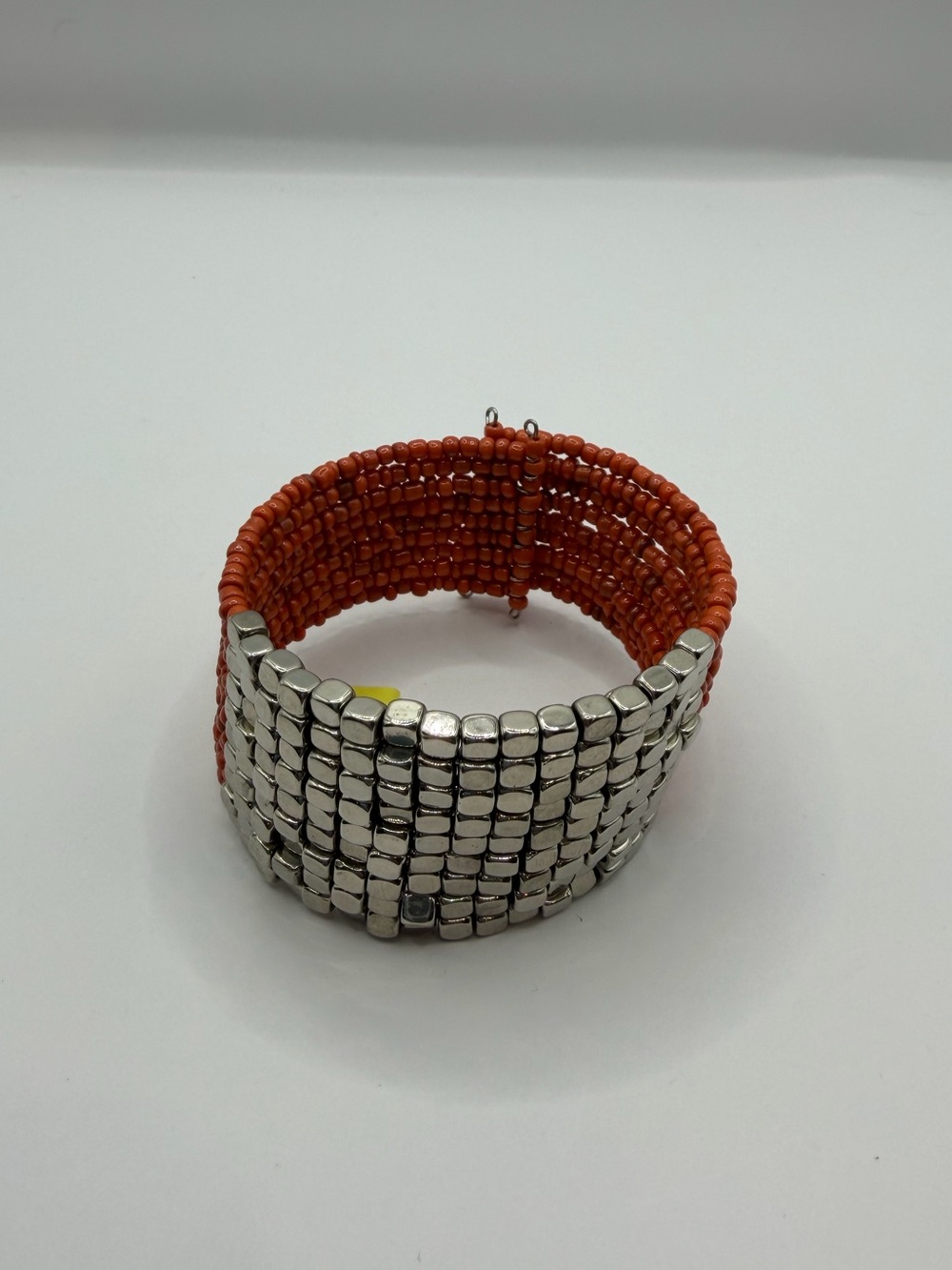 Coral Seed Bead Cuff Bracelet | Orange Multi-Strand Silver Cube - Picture 5 of 10